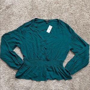 Express Smocked Waist V-Neck Blouse | Emerald Green | NWT | Long Sleeve